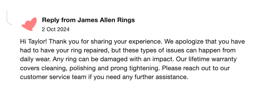 James Allen Warranty Reply
